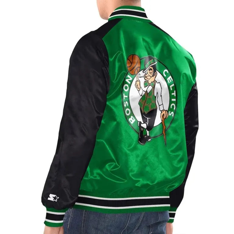 Boston Celtics Renegade Full-Snap Varsity Black/Kelly Green Satin Men's Bomber Jacket