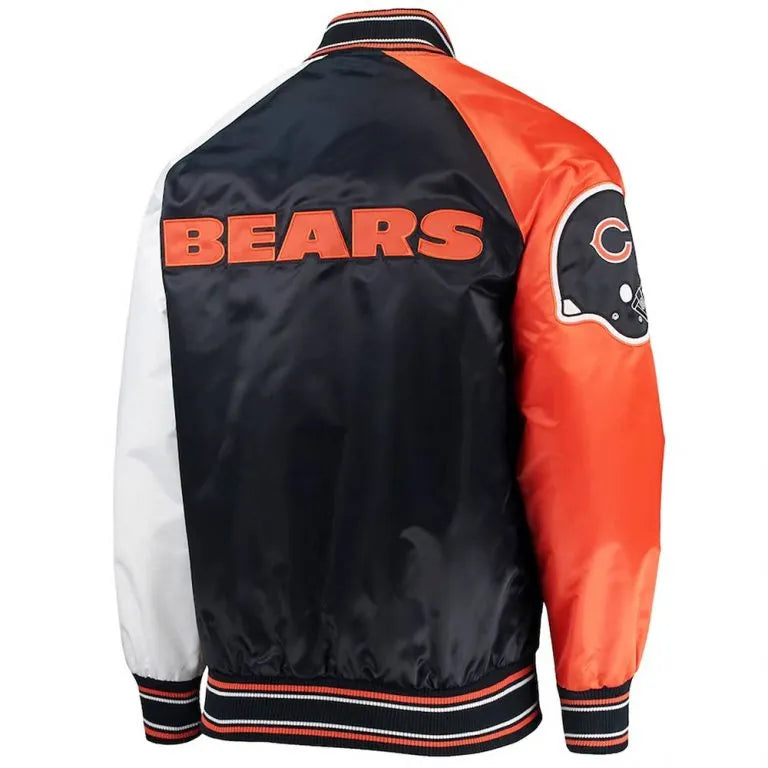 Chicago Bears The Reliever Full-Snap Varsity Tri Color Satin Men's Bomber Jacket
