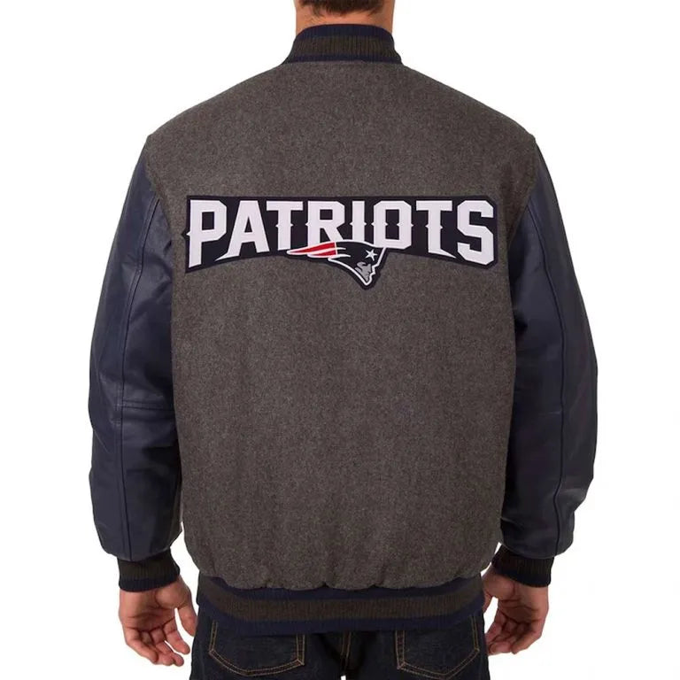 New England Patriots Charcoal Wool and Navy Blue Genuine Leather Sleeves Men's Varsity Letterman Jacket