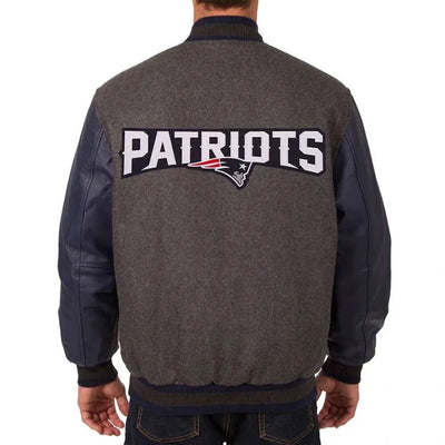 New England Patriots Charcoal Wool and Navy Blue Genuine Leather Sleeves Men's Varsity Letterman Jacket