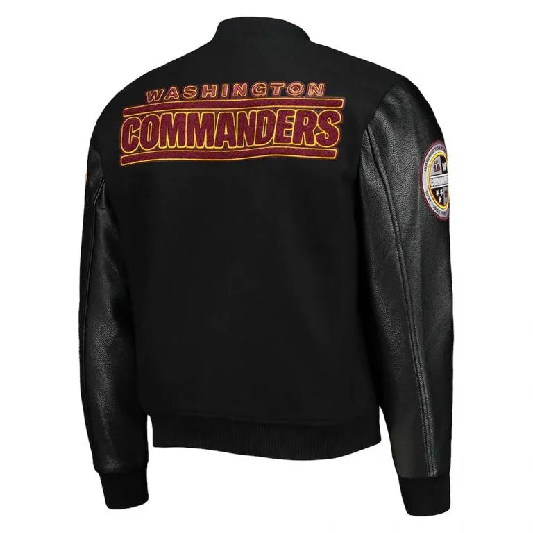 Washington Commanders Logo Black Wool & Genuine Leather Sleeves Men's Varsity Letterman Jacket