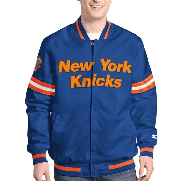 New York Knicks Scout Full-Snap Varsity Blue/Black Satin Men's Bomber Jacket