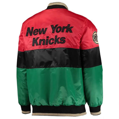 New York Knick 75th Anniversary Full-Snap Varsity Tri-Color Satin Men's Bomber Jacket