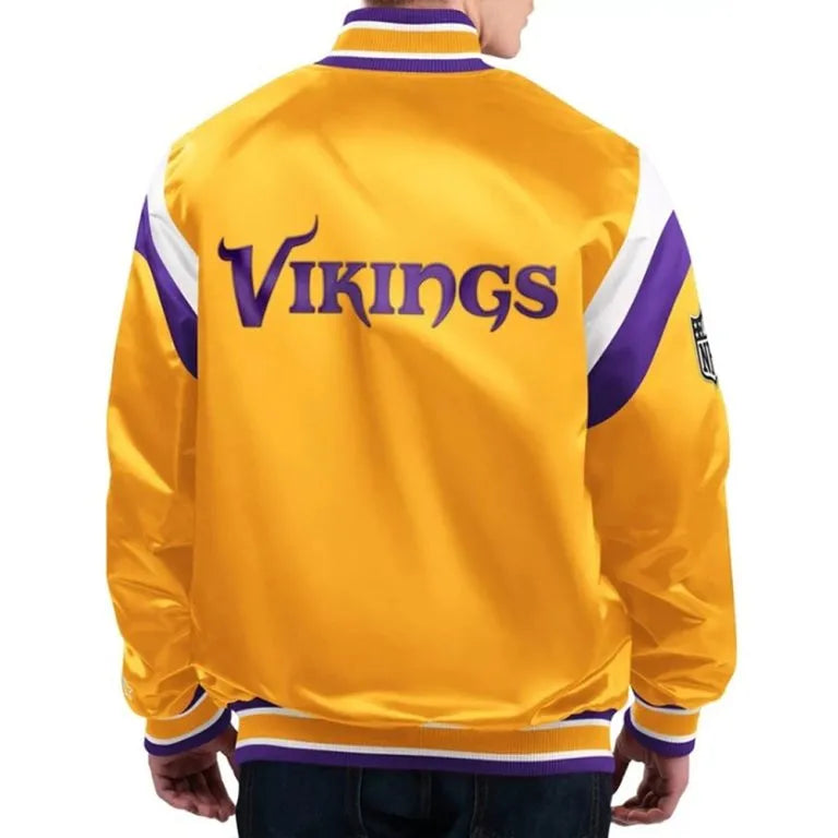 Minnesota Vikings Throwback Warm Up Pitch Full-Snap Varsity Yellow Satin Men's Bomber Jacket