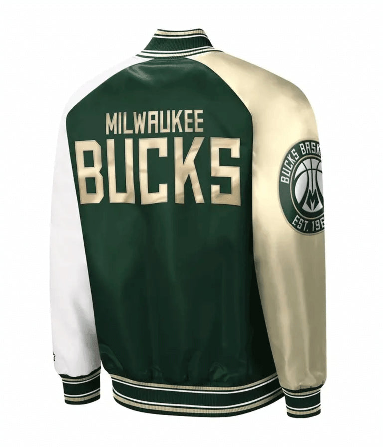 Milwaukee Bucks Hunter Full-Snap Varsity Tri Color Satin Men's Bomber Jacket