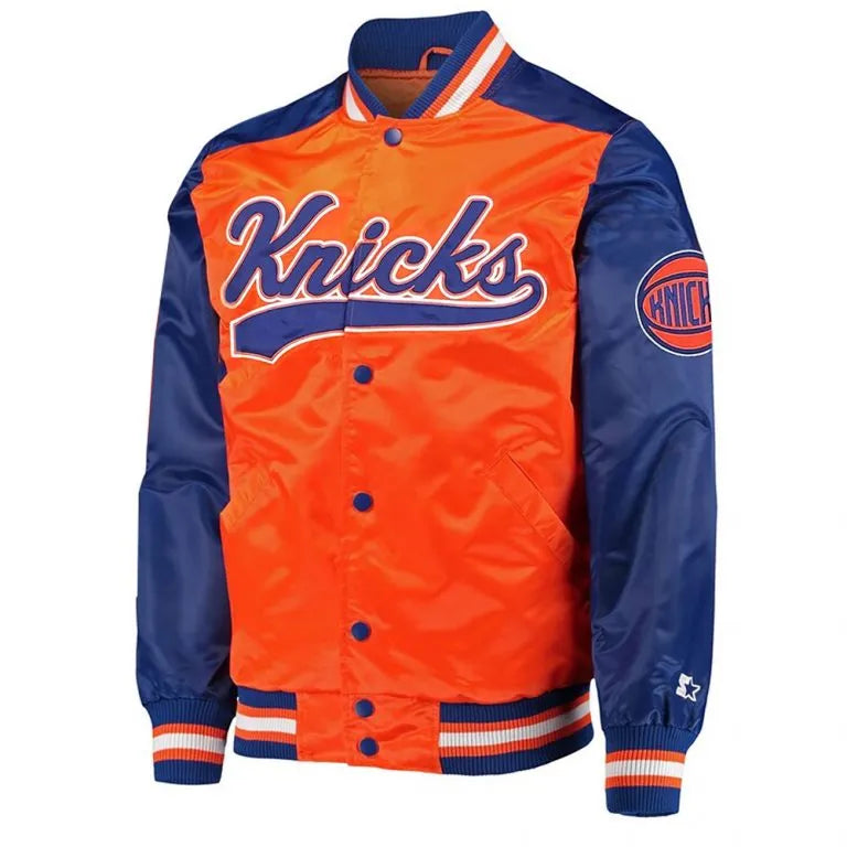 New York Knick The Tradition II Team Full-Snap Varsity Orange/Blue Satin Men's Bomber Jacket