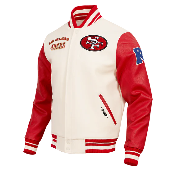 San Francisco 49ers Mash Up Retro Classic Off White Wool & Red Genuine Leather Sleeves Men's Varsity Letterman Jacket