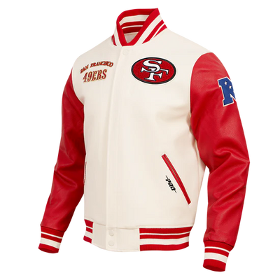 San Francisco 49ers Mash Up Retro Classic Off White Wool & Red Genuine Leather Sleeves Men's Varsity Letterman Jacket