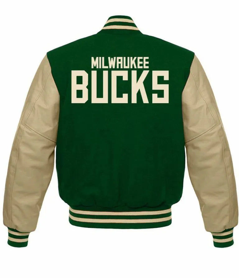 Milwaukee Bucks NBA Varsity Green Wool & Beige Genuine Leather Sleeves Men's Jacket