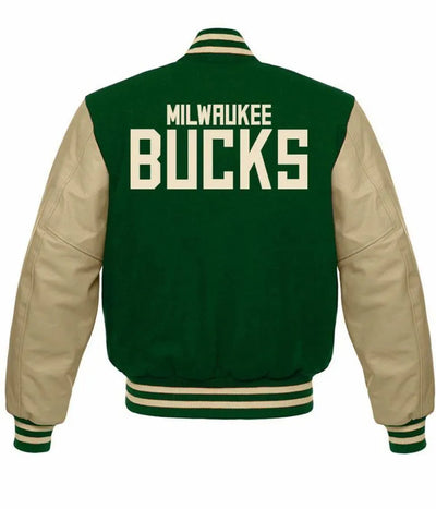 Milwaukee Bucks NBA Varsity Green Wool & Beige Genuine Leather Sleeves Men's Jacket