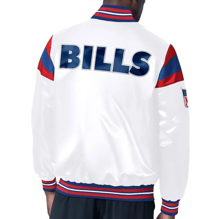 Buffalo Bills Midweight Full-Snap Varsity White Satin Men's Bomber Jacket