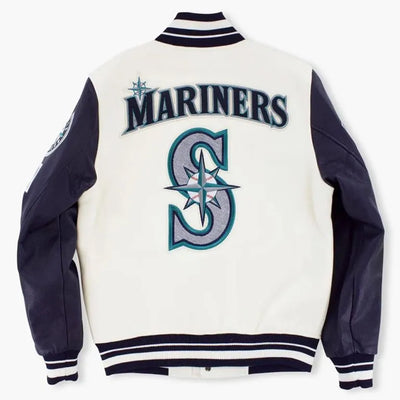 Seattle Mariners Off white Wool & Navy Blue Leather Sleeves Varsity Men's Jacket