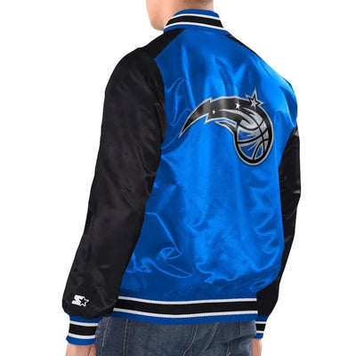 Orlando Magic Renegade Full-Snap Varsity Black and Blue Satin Men's Bomber Jacket