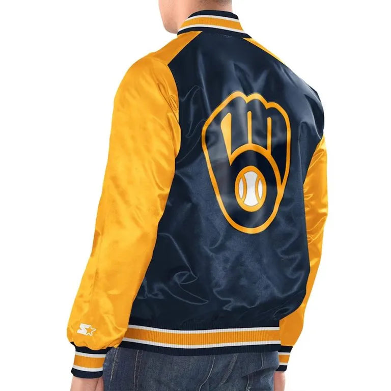 Milwaukee Brewers Renegade Varsity Full-Snap Navy/Gold Satin Men's Jacket