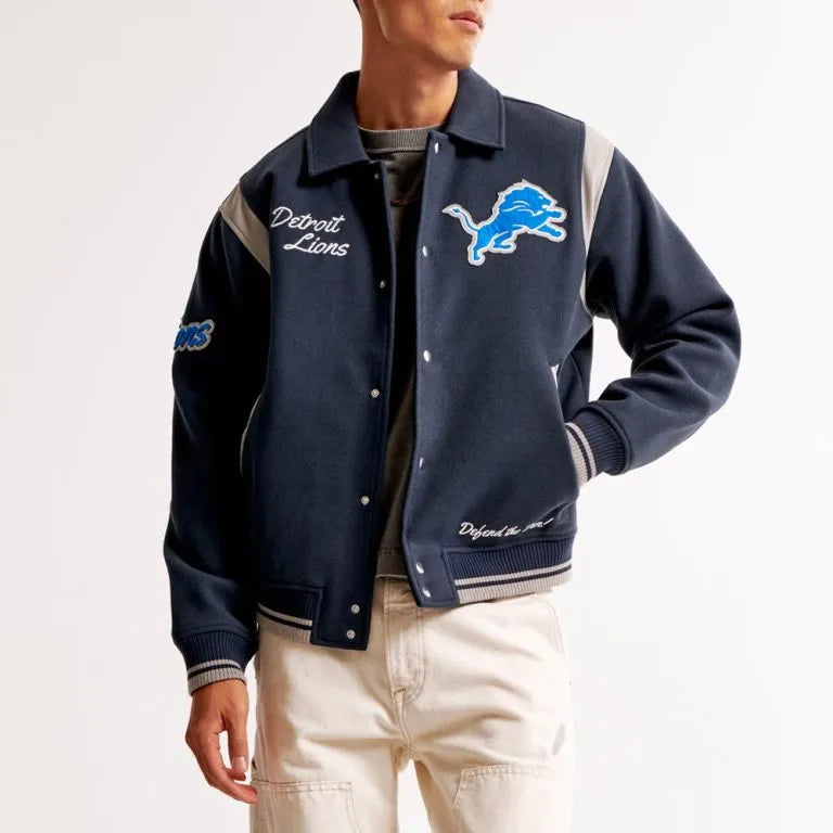 Detroit Lions Defend The Den All Wool Navy Blue Men's Varsity Jacket