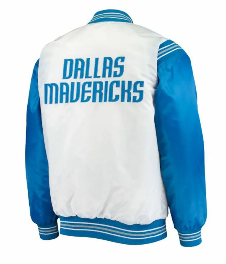 Dallas Mavericks Full-Snap Varsity Blue and White Satin Men's Bomber Jacket