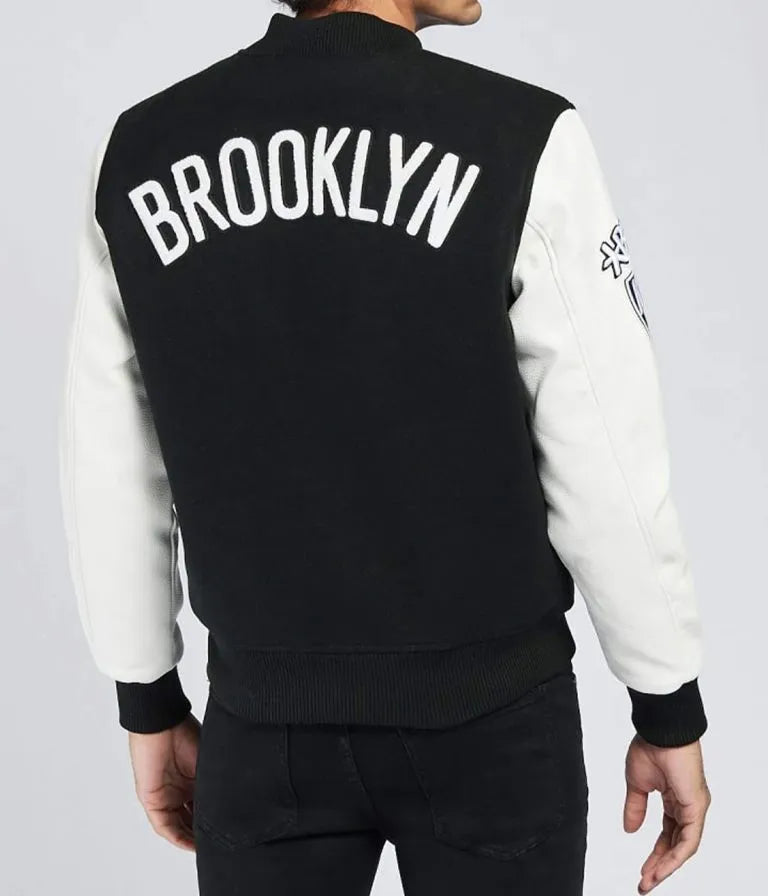 Brooklyn Nets Logo Patches Black Wool & White Genuine Leather Sleeves Men's Varsity Letterman Jacket