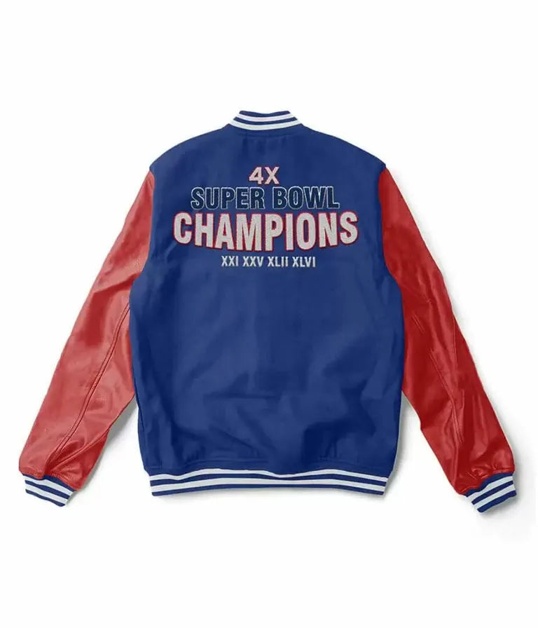 New York Giants 4x Super Bowl Champions Blue Wool & Red Genuine Leather Sleeves Men's Varsity Letterman Jacket
