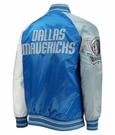 Dallas Mavericks Reliever Full-Snap Varsity Tri Color Satin Men's Bomber Jacket