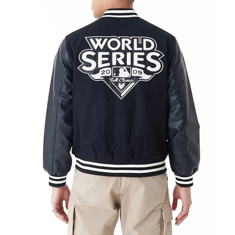 2009 NY Yankees World Series Varsity Full-Snap Black Wool/Leather Men's Jacket