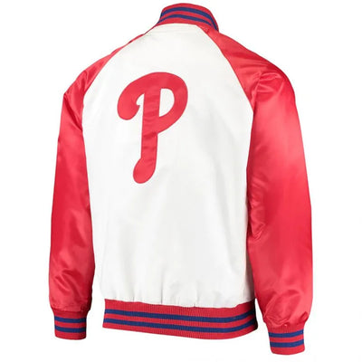 Philadelphia Phillies Clean-Up Hitter Full-Snap White/Red Satin Men's Bomber Jacket