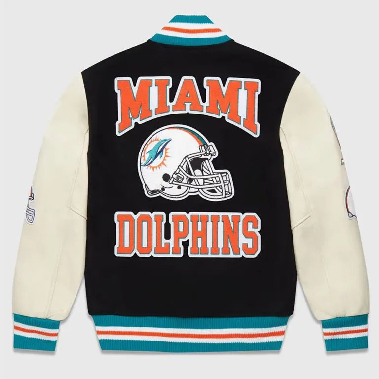 OVO Miami Dolphins Black Wool and White Genuine Leather Sleeves Men's Varsity Letterman Jacket