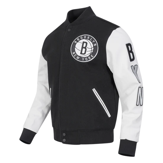 Brooklyn Nets NBA Black Wool & White Genuine Leather Sleeves Men's Varsity Letterman Jacket