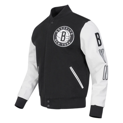 Brooklyn Nets NBA Black Wool & White Genuine Leather Sleeves Men's Varsity Letterman Jacket