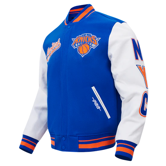 New York Knicks Script Tail Varsity Royal Blue Wool & White Genuine Leather Sleeves Men's Letterman Jacket
