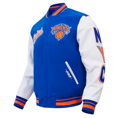 New York Knicks Script Tail Varsity Royal Blue Wool & White Genuine Leather Sleeves Men's Letterman Jacket