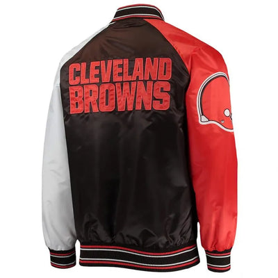 Cleveland Browns The Reliever Full-Snap Varsity Tri Color Satin Men's Bomber Jacket