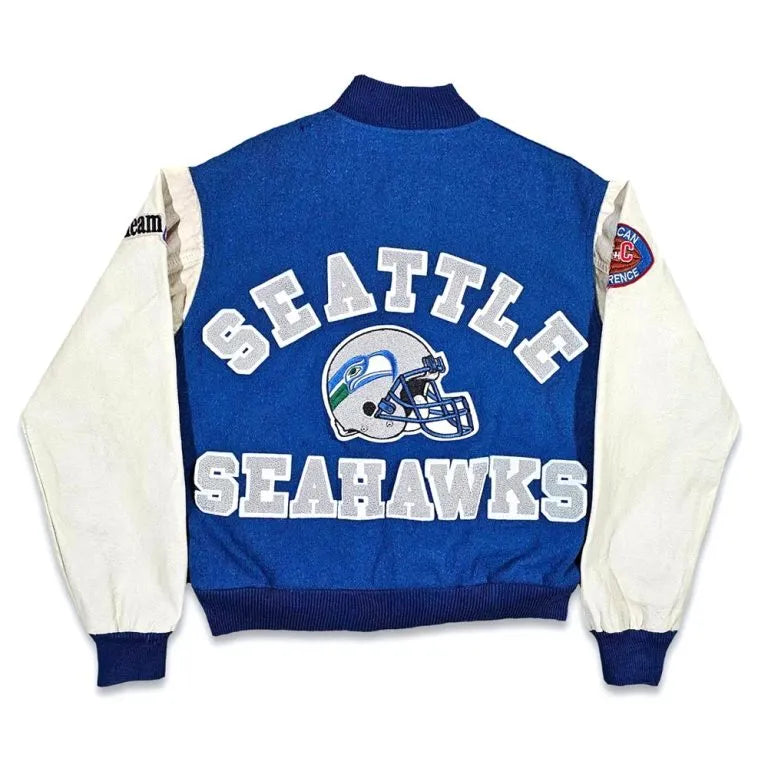 80’s Seattle Seahawks Royal Blue Wool & White Genuine Leather Sleeves Men's Varsity Letterman Jacket