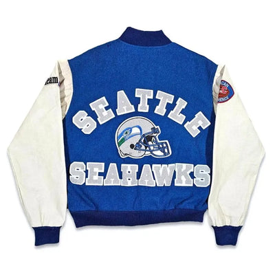 80’s Seattle Seahawks Royal Blue Wool & White Genuine Leather Sleeves Men's Varsity Letterman Jacket