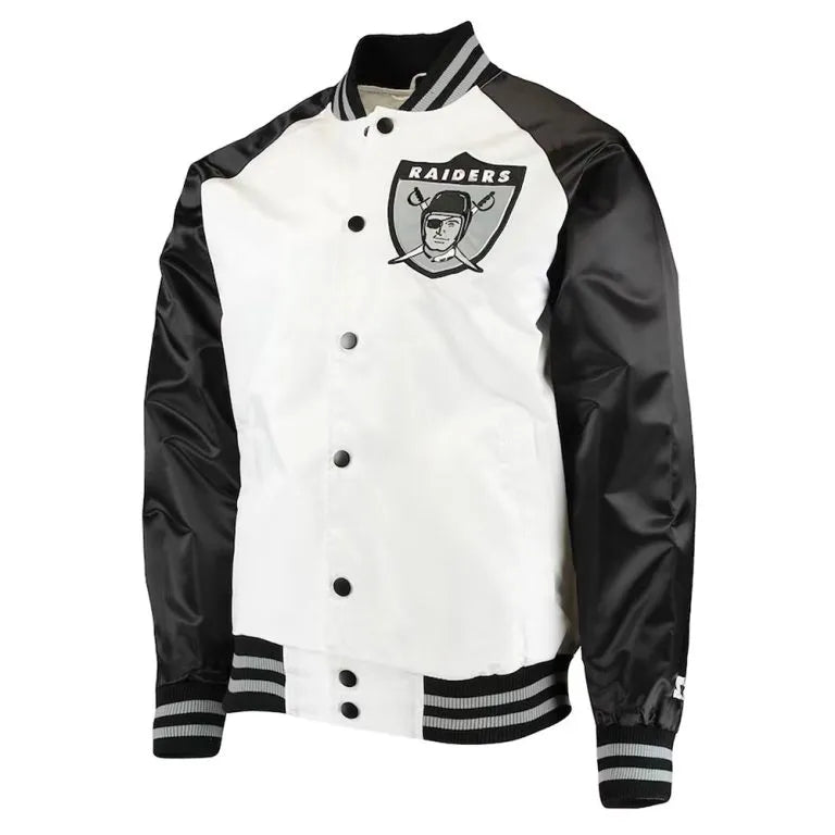 Los Angeles Raiders Clean Up Throwback Full-Snap Varsity White & Black Satin Men's Bomber Jacket