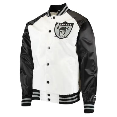 Los Angeles Raiders Clean Up Throwback Full-Snap Varsity White & Black Satin Men's Bomber Jacket