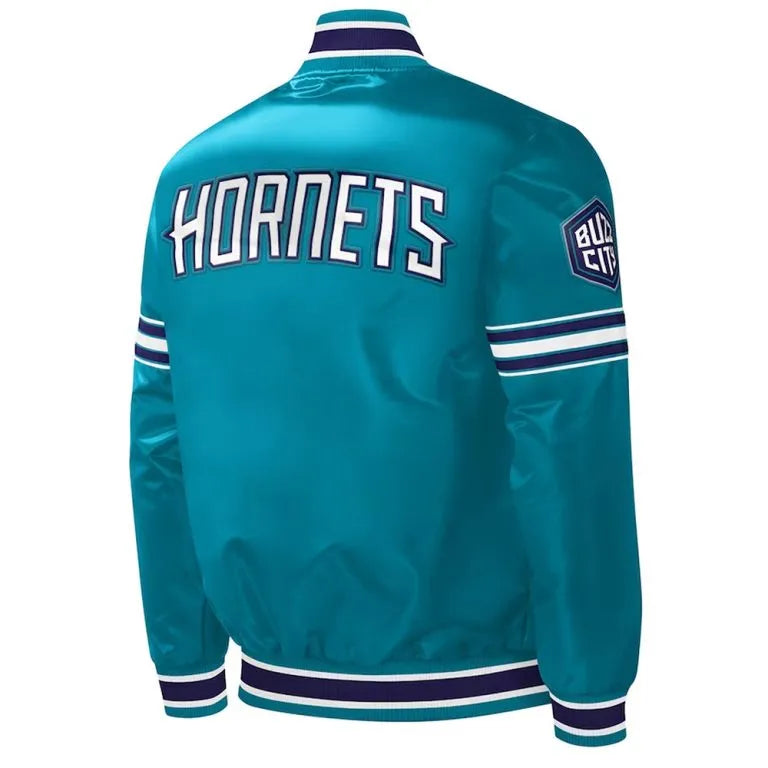Charlotte Hornets Slider Full-Snap Varsity Teal Satin Men's Bomber Jacket