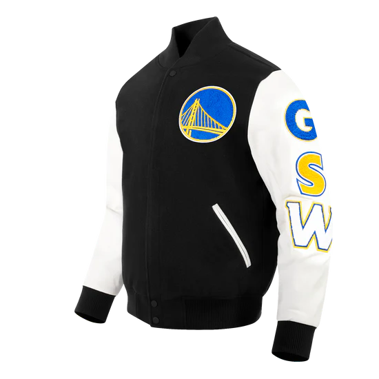 Golden State Warriors Varsity Black Wool & White Genuine Leather Sleeves Men's Bomber Jacket