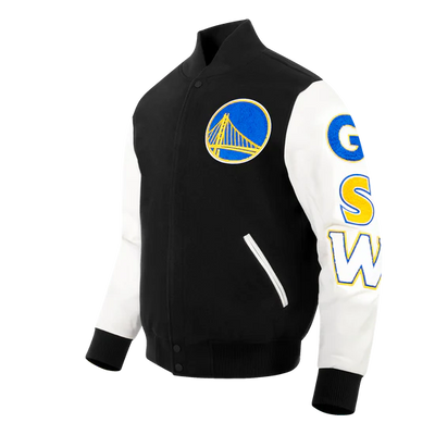 Golden State Warriors Varsity Black Wool & White Genuine Leather Sleeves Men's Bomber Jacket