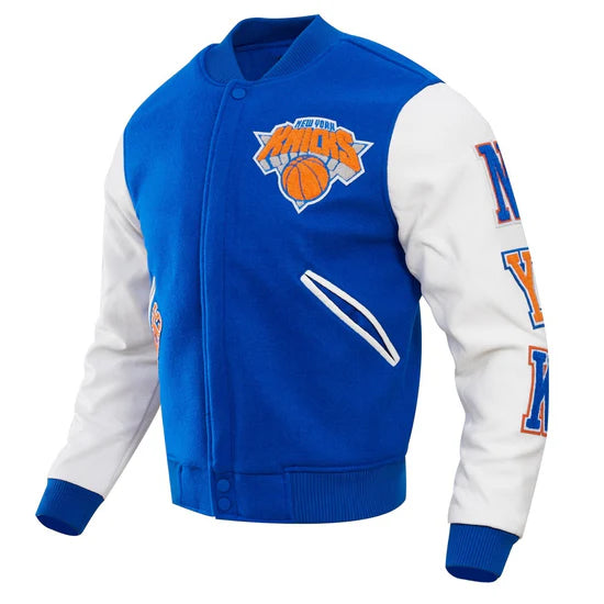 New York Knicks Varsity Royal Blue Wool & White Genuine Leather Sleeves Men's Letterman Jacket