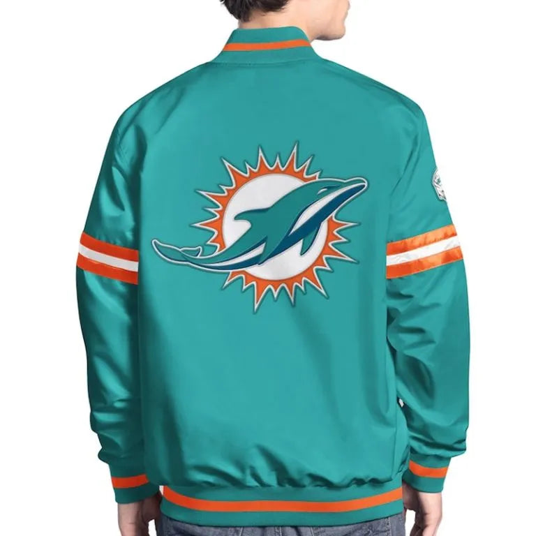 Miami Dolphins Scout Full-Snap Varsity Aqua Satin Men's Bomber Jacket