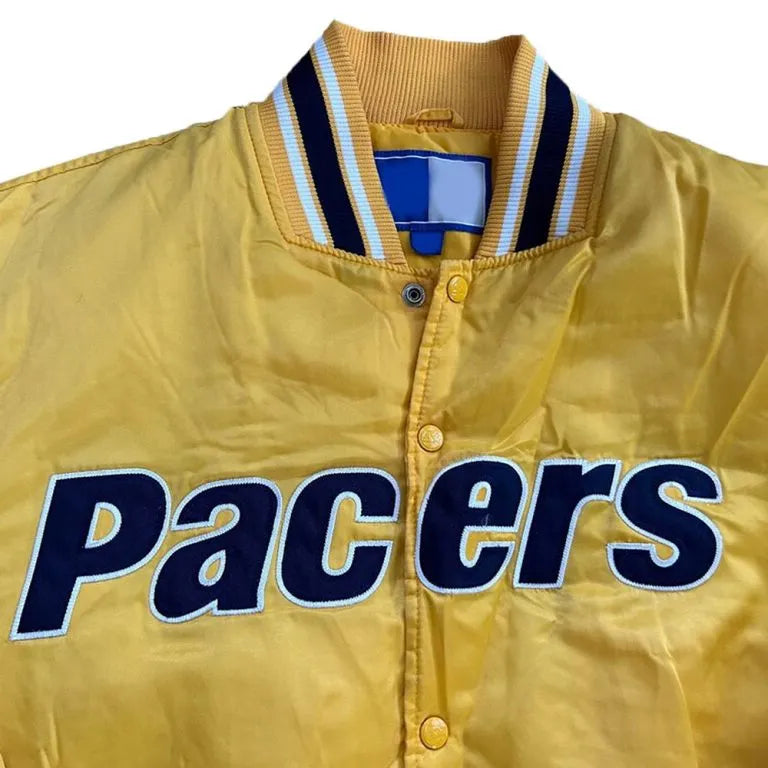 90’s Indiana Pacers Full-Snap Varsity Yellow Satin Men's Bomber Jacket