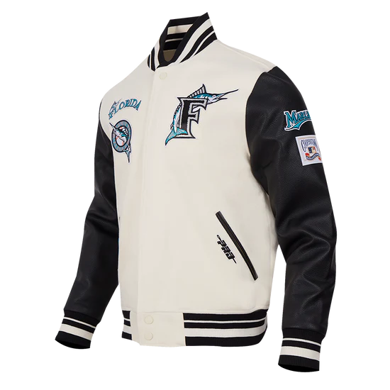 Florida Marlins Varsity Letterman Off White Wool & Leather Sleeves Men's Jacket
