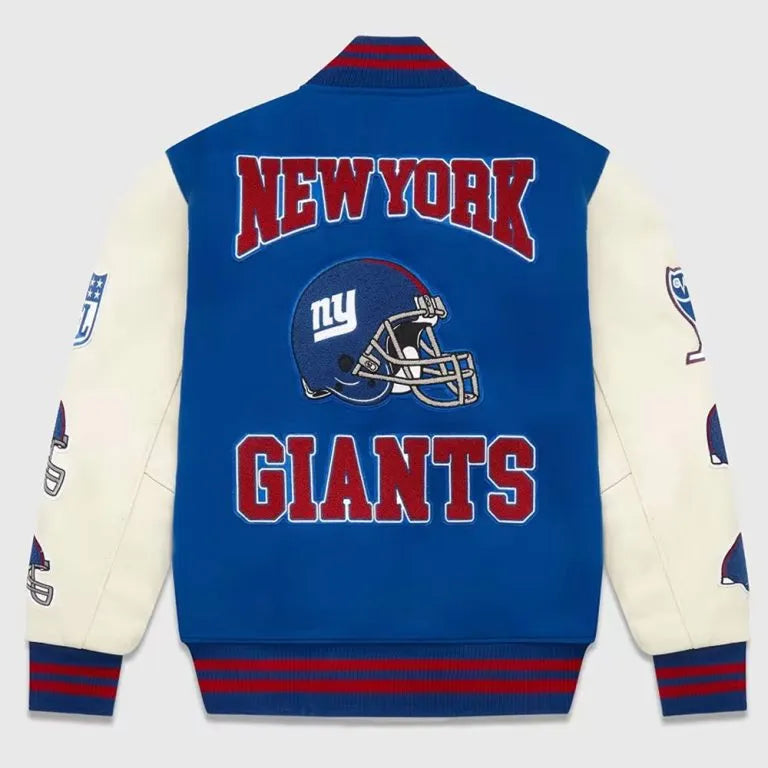OVO New York Giants Blue Wool & White Genuine Leather Sleeves Men's Varsity Letterman Jacket
