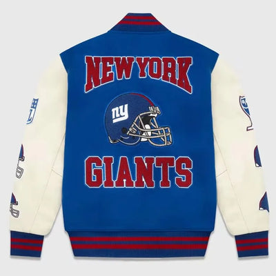 OVO New York Giants Blue Wool & White Genuine Leather Sleeves Men's Varsity Letterman Jacket
