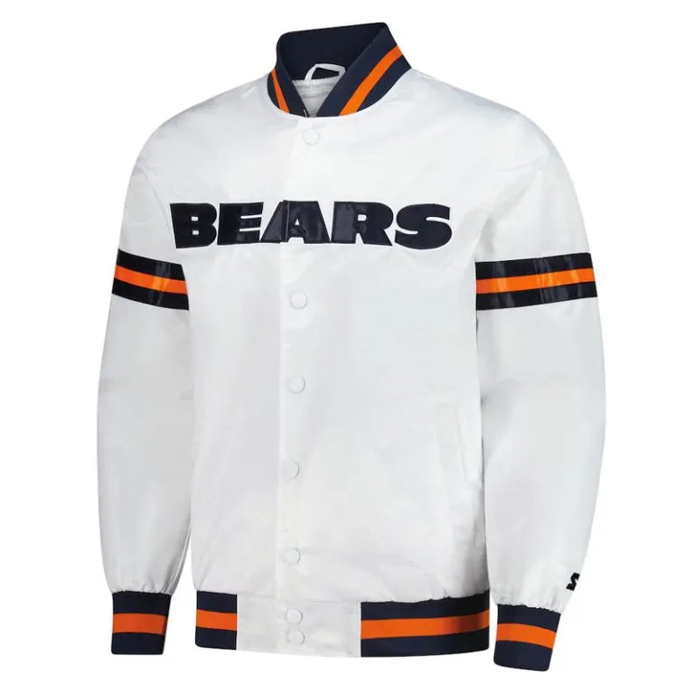 Chicago Bears Scout Full-Snap Varsity White Satin Men's Bomber Jacket