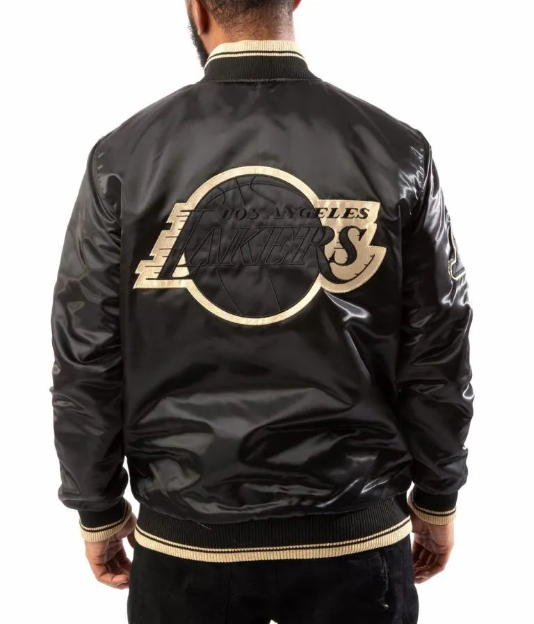 Los Angeles Lakers Full-Snap Varsity Black/Gold Satin Men's Bomber Jacket