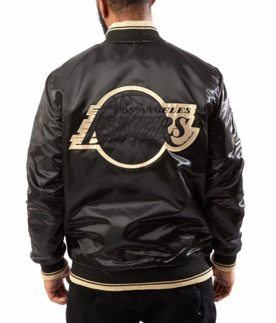 Los Angeles Lakers Full-Snap Varsity Black/Gold Satin Men's Bomber Jacket