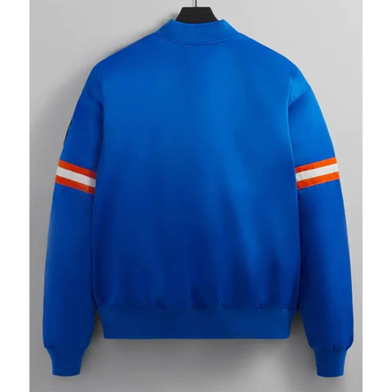 New York Knick Striped Full-Snap Varsity Blue Satin Men's Bomber Jacket