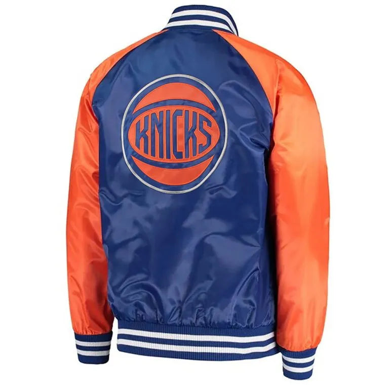New York Knicks Point Guard Full-Snap Varsity Blue/Orange Satin Men's Bomber Jacket
