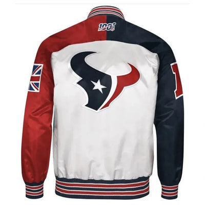 London Limited Edition Houston Texan Full-Snap Varsity Red and Navy Blue Satin Men's Bomber Jacket